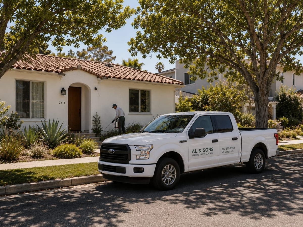 Al & Sons Pest Control truck outside a Southern California home